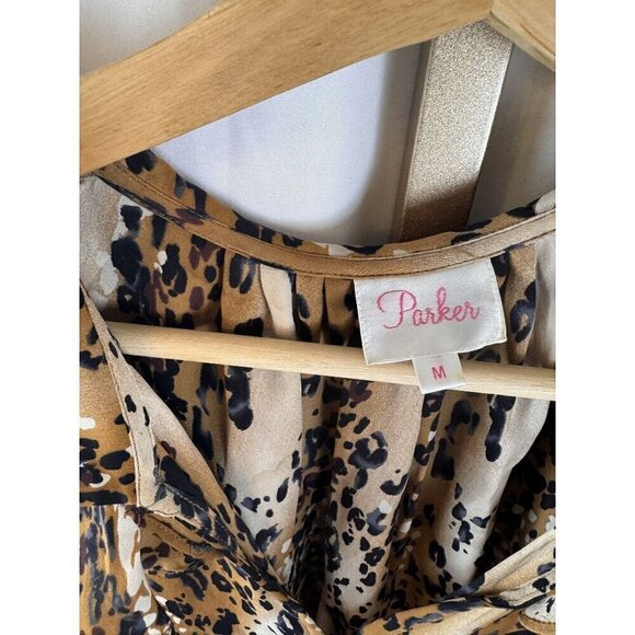 Parker Animal Print Speckled Abstract 100% Silk V-Neck Peplum Blouse EUC SZ M - Picture 2 of 9